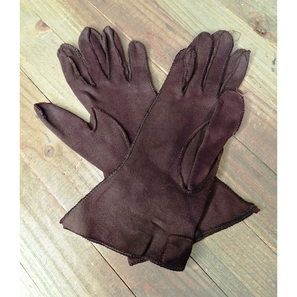 Vintage Brown Nylon Wrist Length Gloves with Clear Buttons Retro Mid Century